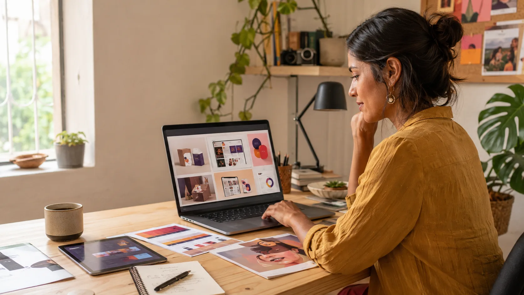 Diseñadora independiente revisando su portafolio de proyectos en la laptop