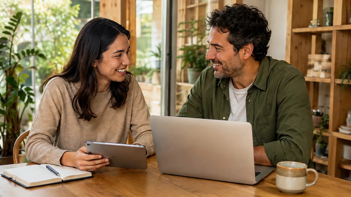 Cliente y profesional freelance revisando un proyecto juntos en una laptop