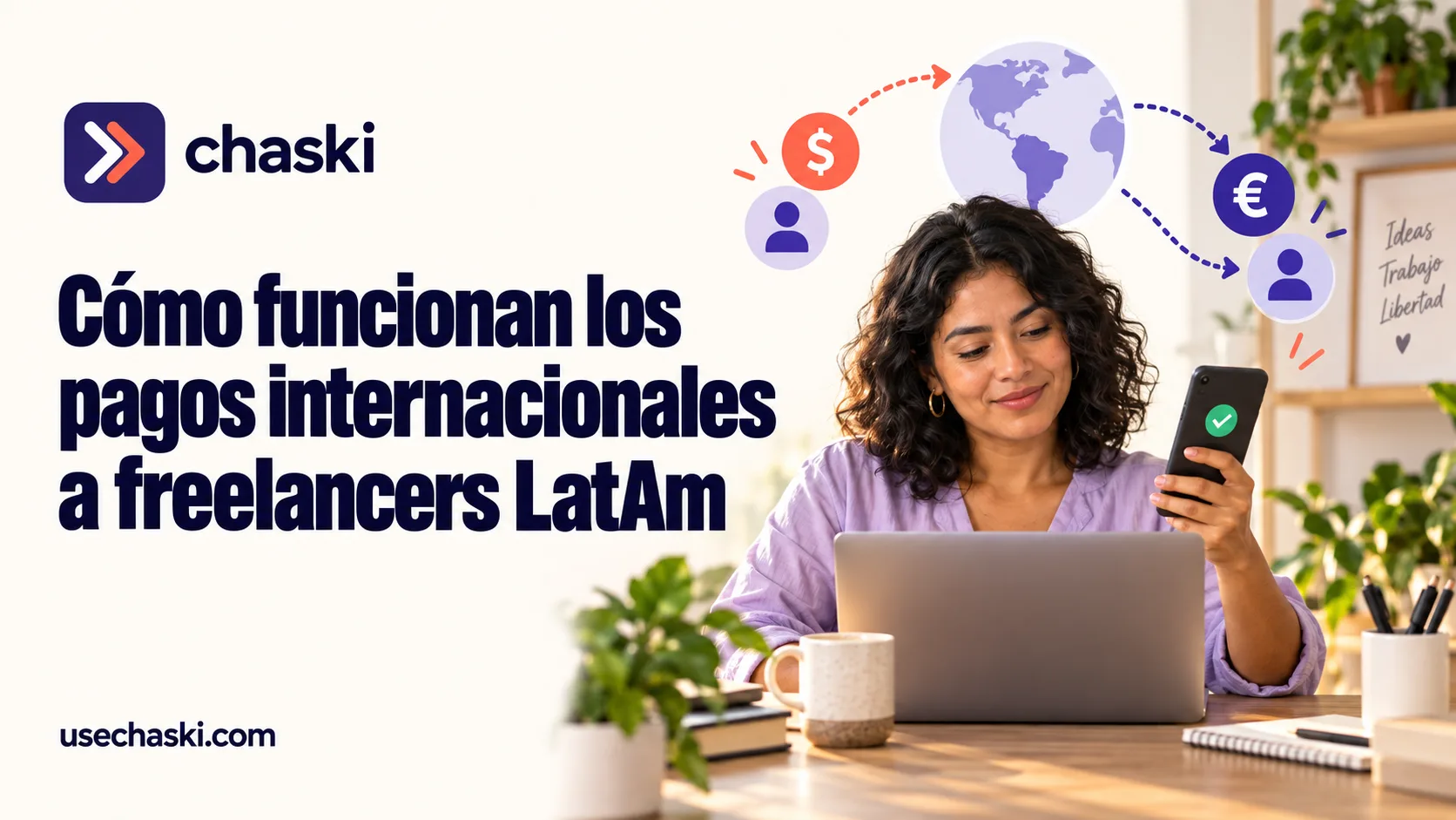 Freelancer latinoamericano revisando una transferencia internacional en su laptop