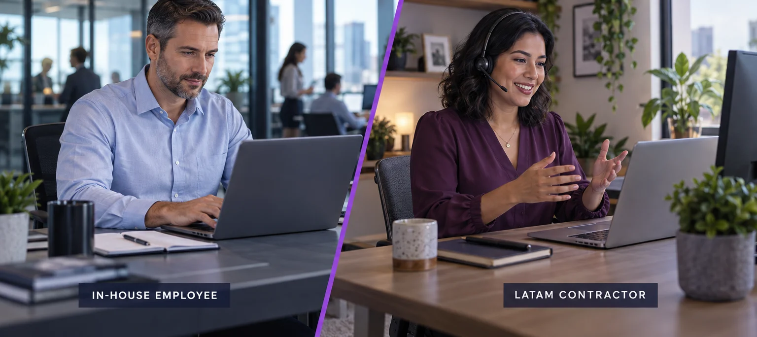 Split scene of an in-house employee working in an office next to a LatAm freelance contractor on a video call