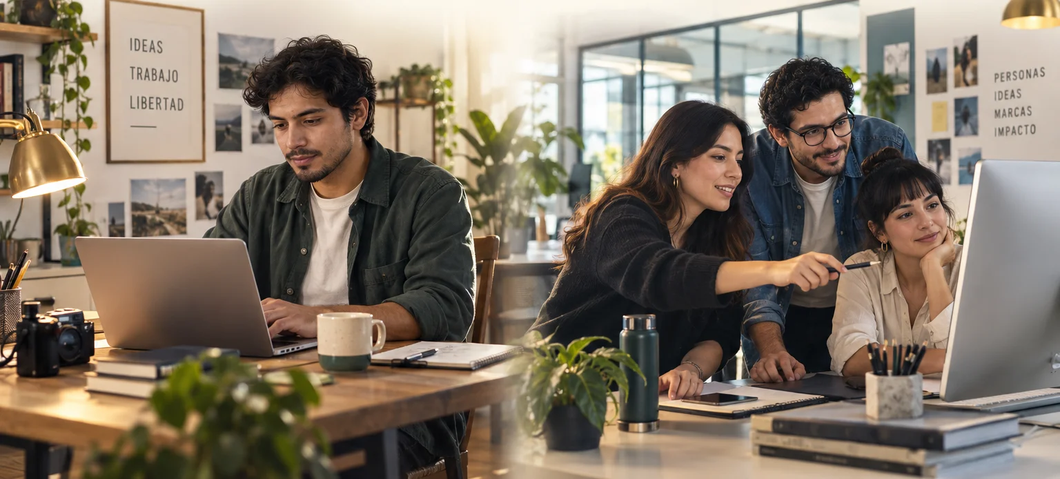 Un freelancer trabajando solo junto a un equipo de agencia colaborando en otra mesa