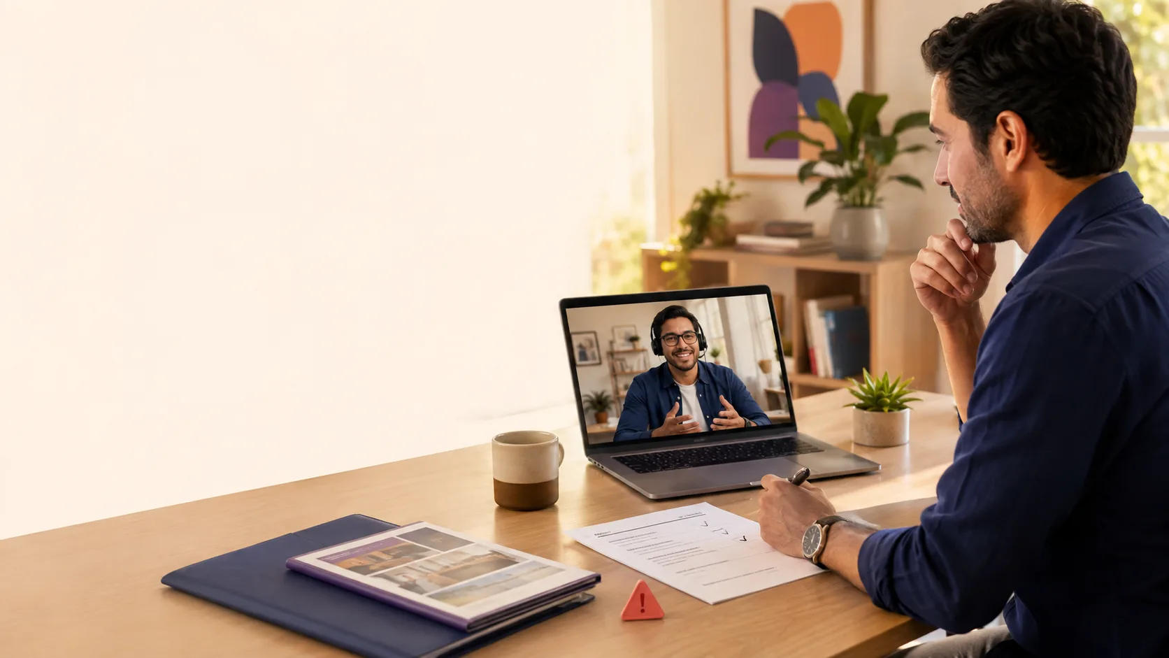 A client on a video call with a freelance professional, reviewing a checklist
